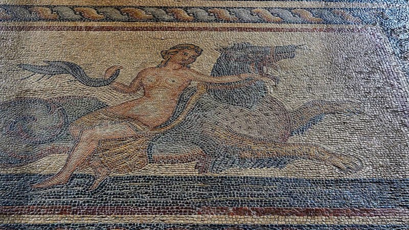 Antique mosaic of a mythological figure on a mythical creature, a nereid riding a hippocampus, interior view, Grand Master's Palace, Knights' Town, Rhodes Town, Rhodes, Dodecanese, Greek Islands, Greece, Europe