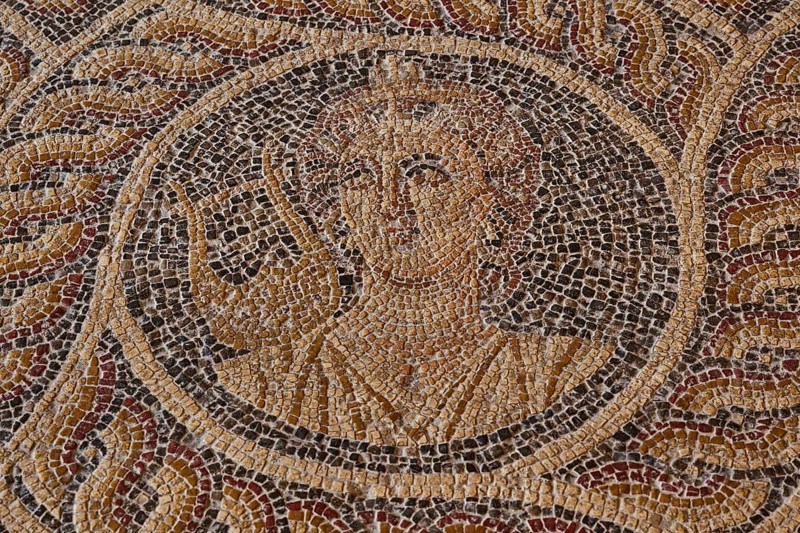 Terpsichore, the Dancing Beauty, the Muse of Dance, Lyre, One of the Nine Muses, Antique mosaic with a face, finely pieced together from small stones, Interior view, Grand Master's Palace, Knights' Town, Rhodes Town, Rhodes, Dodecanese, Greek Islands, Greece, Europe