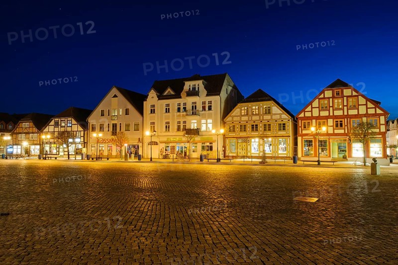 Illuminated buildings at the market, Neuer Markt, Blue Hour, Waren, Mueritz, Mecklenburg Lake District, Mecklenburg, Mecklenburg-Western Pomerania, Germany, Europe