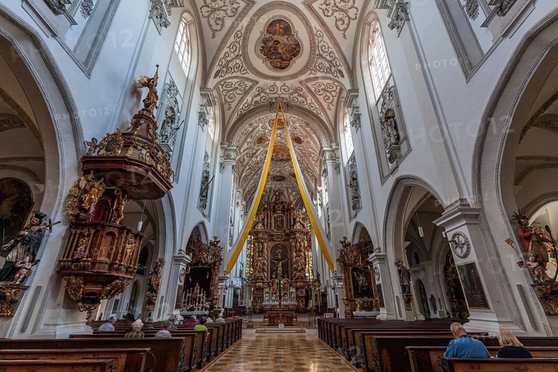 Interior and altar of the parish church of the Assumption of the Virgin Mary, Landsberg am Lech, Upper Bavaria, Bavaria, Germany, Europe