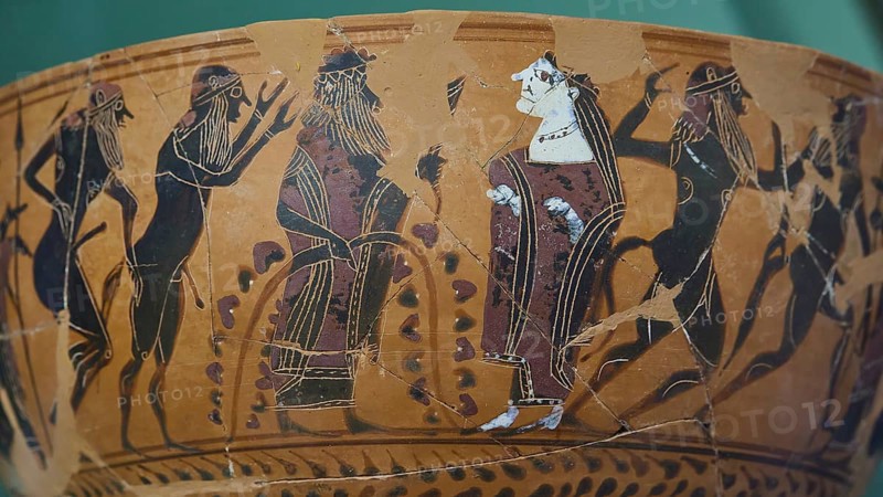 Ariadne ariadne, Dionysus, Satyr, Antique vase with Greek mythological figures in black and red, Interiors, Archaeological Museum, Old Town, Rhodes Town, Rhodes, Dodecanese, Greek Islands, Greece, Europe