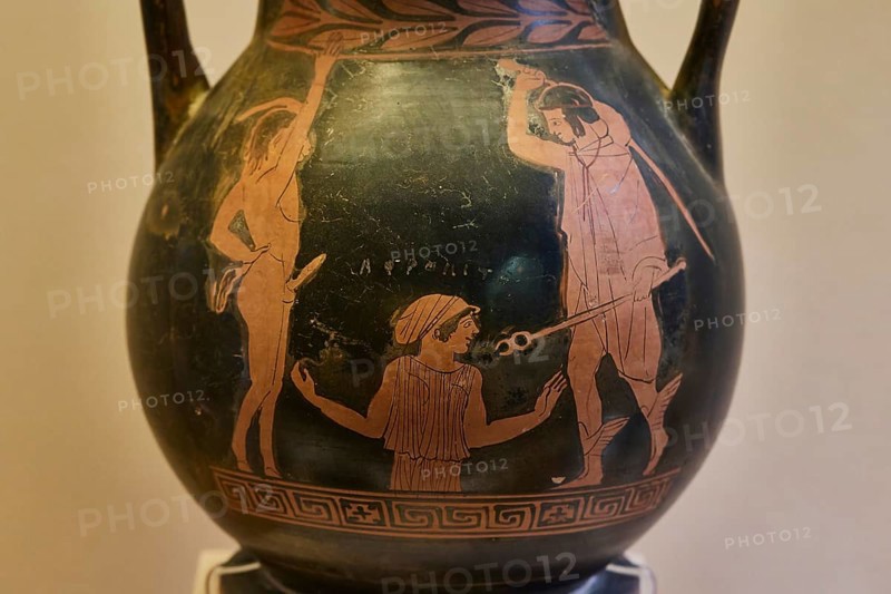 Antique Greek jug with figures and a scene, designed in black and red, Birth of Aphrodite, Aphrodite, Hermes, Pan, interiors, Archaeological Museum, Old Town, Rhodes Town, Rhodes, Dodecanese, Greek Islands, Greece, Europe