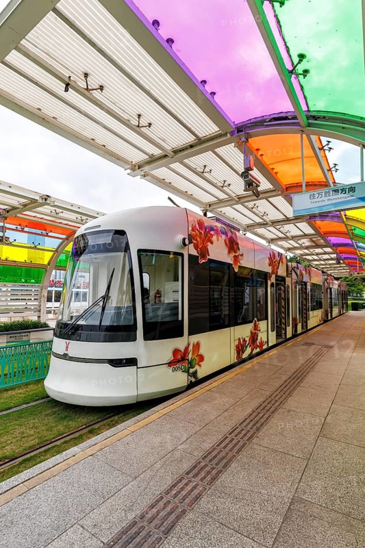Guangzhou Haizhu Tram modern public transport at the Liede Bridge South stop in Guangzhou, China, Asia