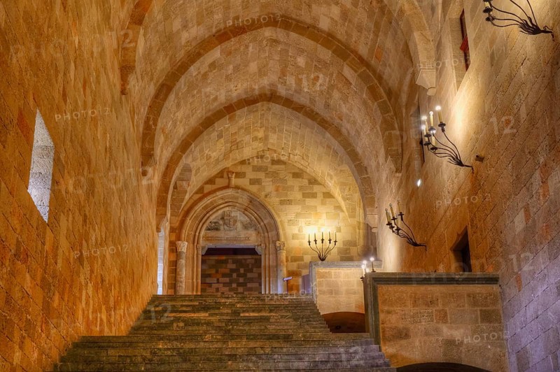 Antique staircase with arches and candlesticks in a historic building, interior view, Grand Master's Palace, Knights' Town, Rhodes Town, Rhodes, Dodecanese, Greek Islands, Greece, Europe