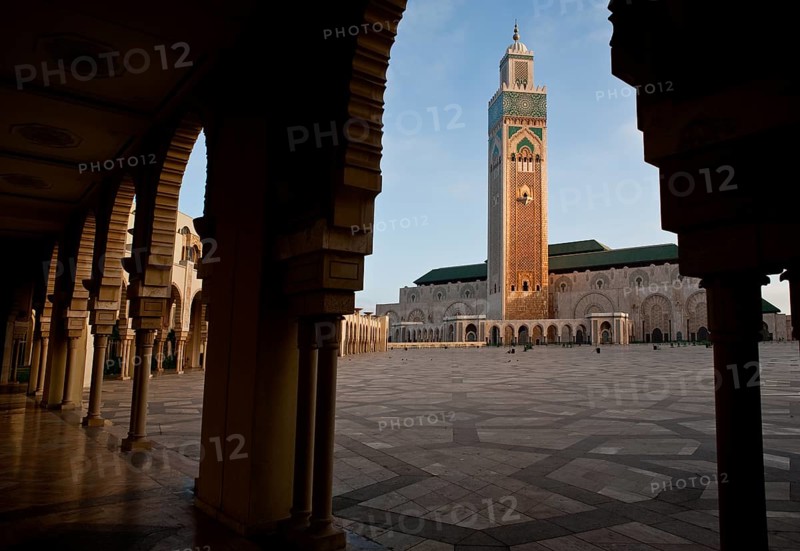 Courtyard and minaret of the Hassan II mosque, Casablanca, Morocc