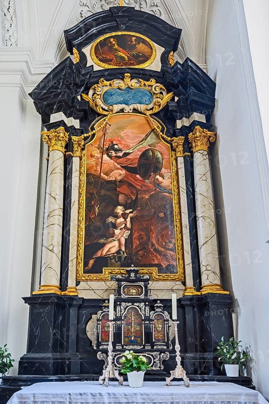 Side altar with bone relic, former monastery church of St. Peter and Paul, Irsee monastery or abbey, former Benedictine abbey, today a conference and education centre of the district of Swabia, Irsee, Swabia, Bavaria, Germany, Europe
