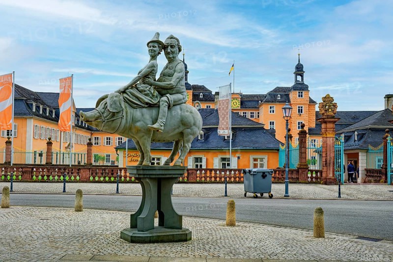 Lucky pig by Peter Lenk in front of Schwetzingen Castle on the castle square, Schwetzingen, Baden-Wuerttemberg, Germany, Europe