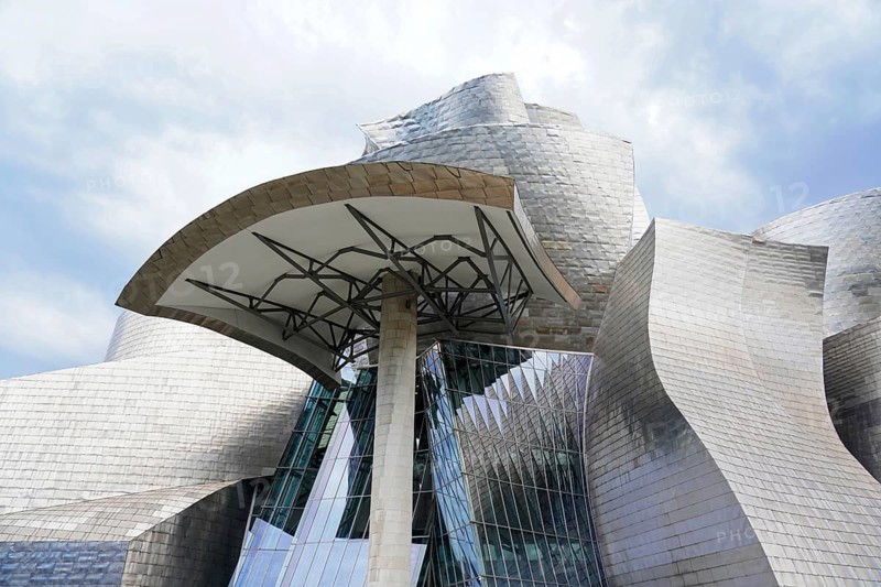 Guggenheim Museum Bilbao on the banks of the Nervion River, architect Frank O. Gehry, Bilbao, Architectural detail of a modern building with glass and metal structures, Guggenheim Museum, architect Frank O. Gehry, Bilbao, Bizkaia Province, Basque Country, Spain, Europe