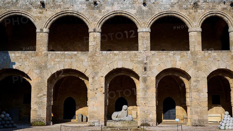 Medieval fortress with arcades and old stone walls, peaceful atmosphere, outdoor area, archaeological museum, old town, Rhodes Town, Rhodes, Dodecanese, Greek Islands, Greece, Europe