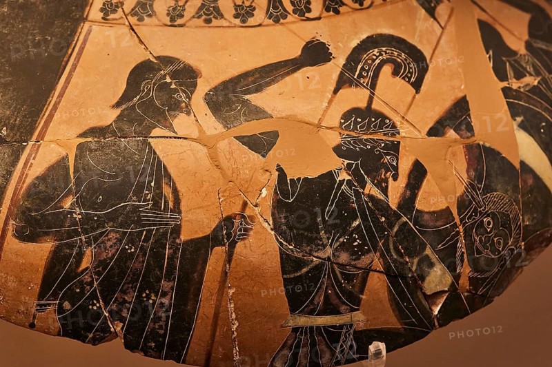 Detail, Greek antique vase with a black and orange scene depicting mythological figures, Heracles, Athena, interiors, Archaeological Museum, Old Town, Rhodes Town, Rhodes, Dodecanese, Greek Islands, Greece, Europe