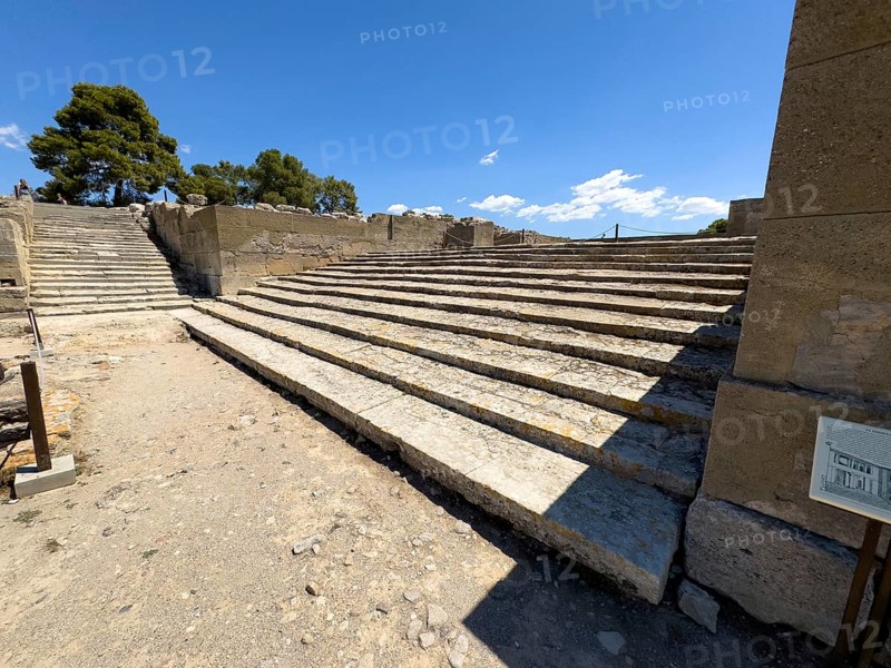View of Propylaea monumental grand staircase grand staircase former staircase to in front of ancient palace of Phaistos in archaeological site on hill of Phaistos of Minoan culture of pre-Greek people Minoans in antiquity, Kamilari, Crete, Greece, Europe