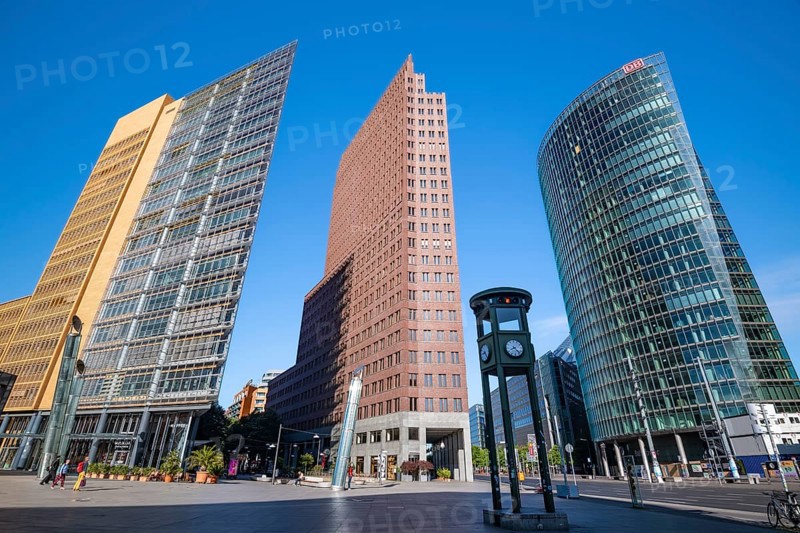 Potsdamer Platz, skyscrapers, Renzo Piano 11, Kollhoff Tower, railway tower, Sony Center, historic traffic lights. Railway station, Berlin, Germany, Europe