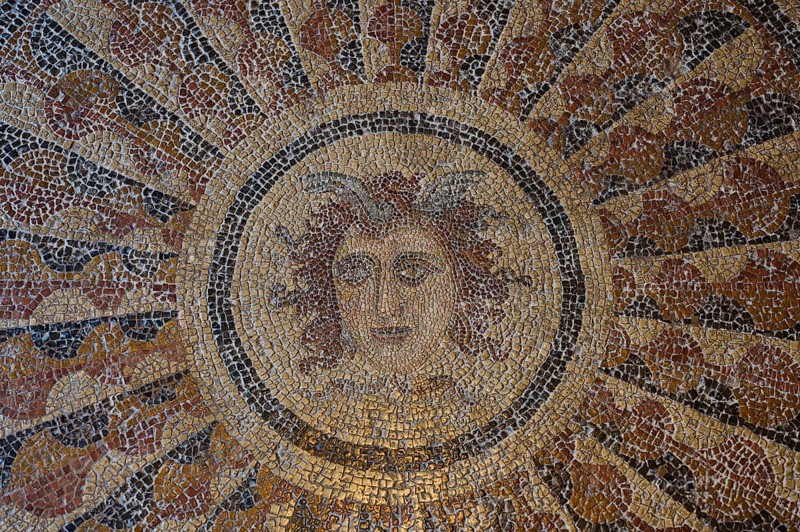 Fine gold-coloured mosaic of a sun face from antiquity, head of Medusa, interior view, Grand Master's Palace, Knights' Town, Rhodes Town, Rhodes, Dodecanese, Greek Islands, Greece, Europe