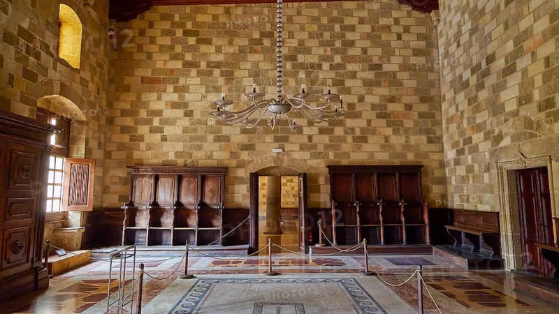 Elegant room with chandelier and antique wooden furniture, interior view, Grand Master's Palace, Knights' Town, Rhodes Town, Rhodes, Dodecanese, Greek Islands, Greece, Europe