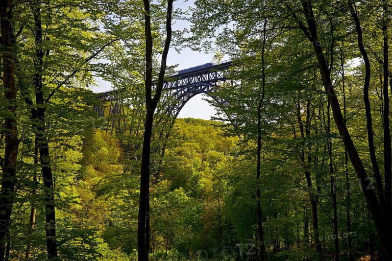 View from the forest to the Muengsten Bridge with railway, the highest railway bridge in Germany between Solingen and Remscheid