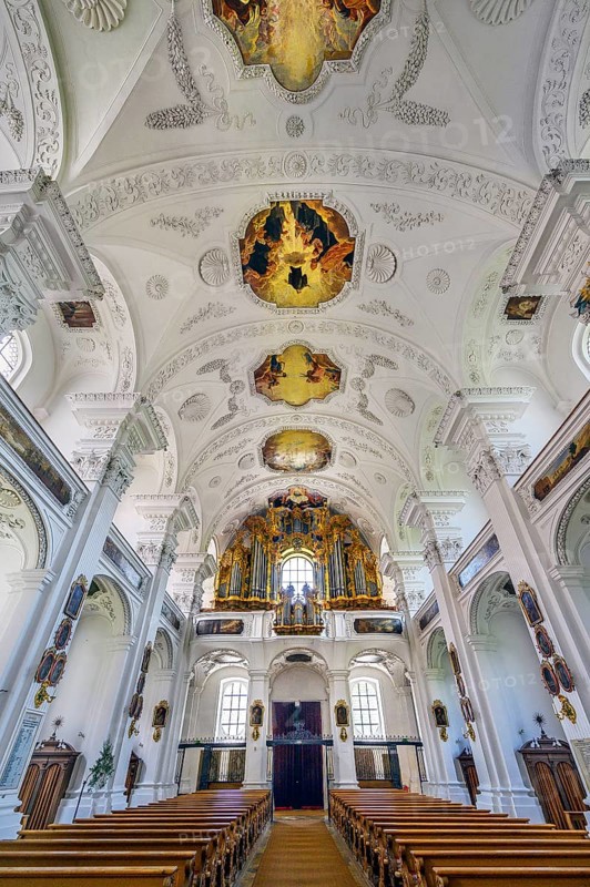 Organ loft, former monastery church of St. Peter and Paul, Irsee monastery or abbey, former Benedictine abbey, is now a conference and education centre of the district of Swabia, Irsee, Swabia, Bavaria, Germany, Europe