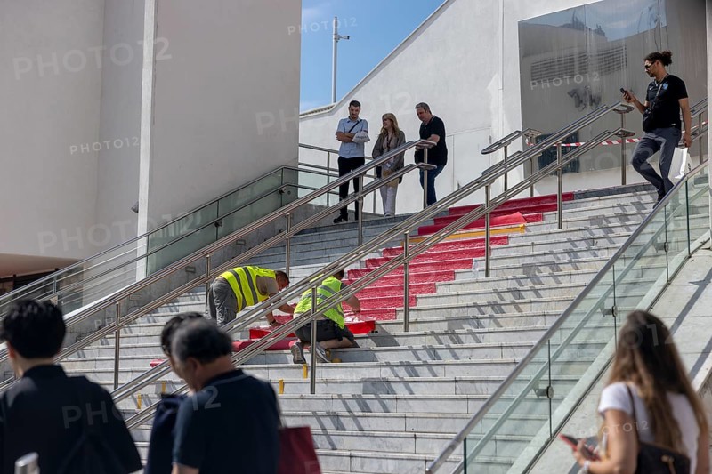 Cannes, France, 13 May 2024: A red carpet is rolled out at Cannes train station. The 77th Cannes International Film Festival will take place from 14 to 25 May 2024, Europe
