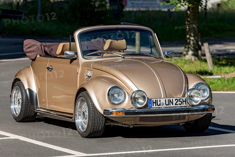 Oldtimer Volkswagen VW Beetle Cabriolet, convertible, restored, refined, number plate changed, car park summit mountain Hoherodskopf, Schotten, nature park volcanic region Vogelsberg, Hesse, Germany, Europe