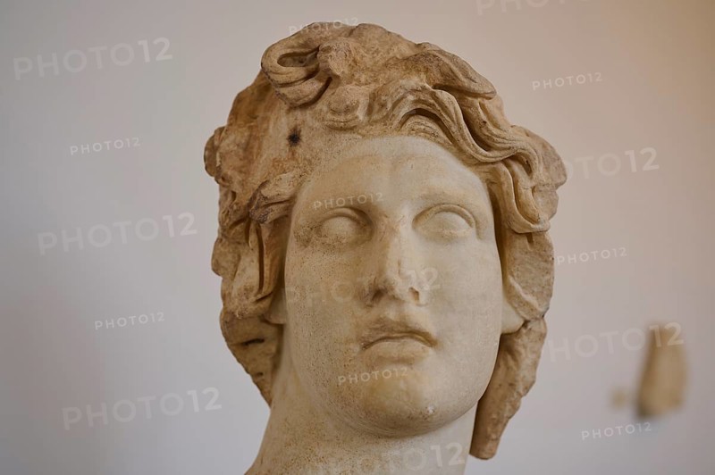Helios, sun god, close-up of a damaged marble head with wavy hair, ancient aesthetics, interiors, Archaeological Museum, Old Town, Rhodes Town, Rhodes, Dodecanese, Greek Islands, Greece, Europe