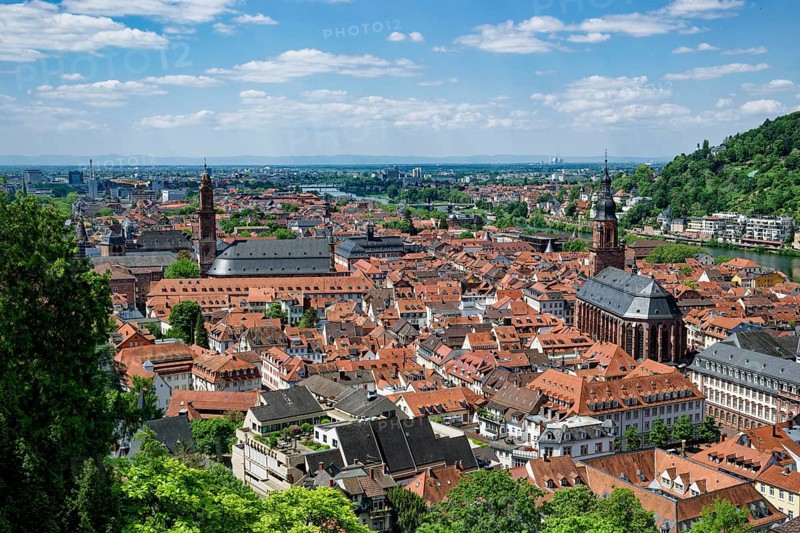 View of Heidelberg with the Jesuit Church and the Heiliggeistkirche, Heidelberg, Baden-Wuerttemberg, Germany, Europe