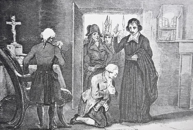 Book illustration representing the king of France Louis XVI. The king is listening the mass and communing before going to the place where he will be executed on 21st january 1793