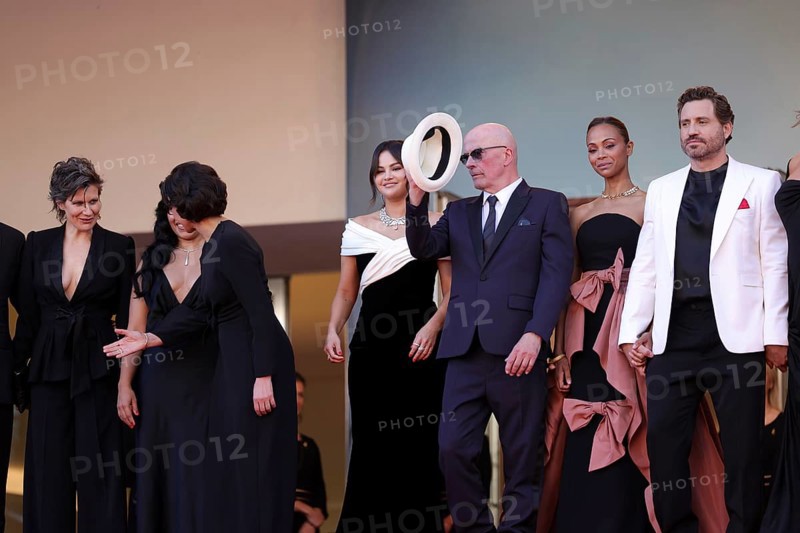 Cannes, France, 17.5.2024: Camille, Adriana Paz, Rachida Dati, Selena Gomez, Jacques Audiard, Zoe Saldana and Edgar Ramirez at the premiere of Emilia Perez on the red carpet of the Palais des Festivals during the 77th Cannes International Film Festival. The 77th Cannes International Film Festival will take place from 14 to 25 May 2024, Europe