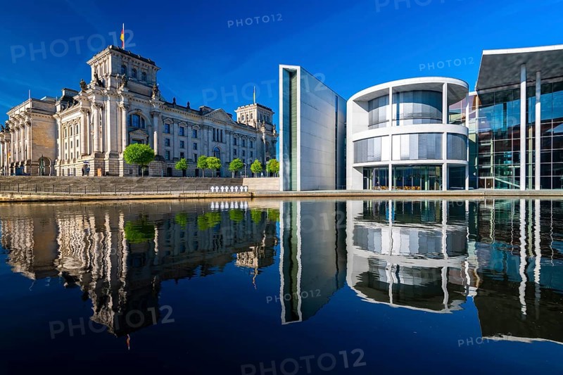 Reichstag, Paul Loebe House reflected in the Spree, Berlin, Germany, Europe