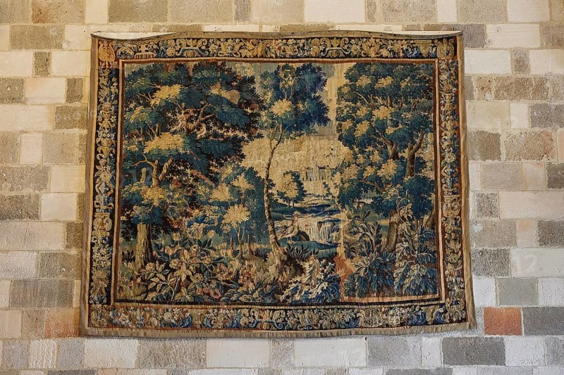 Old tapestry with detailed forest landscape, interior view, Grand Master's Palace, Knights' Town, Rhodes Town, Rhodes, Dodecanese, Greek Islands, Greece, Europe