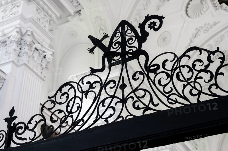 Wrought-iron grille, former monastery church of St. Peter and Paul, Irsee Monastery or Abbey, former Benedictine abbey, is now a conference and education centre of the Swabian district, Irsee, Swabia, Bavaria, Germany, Europe