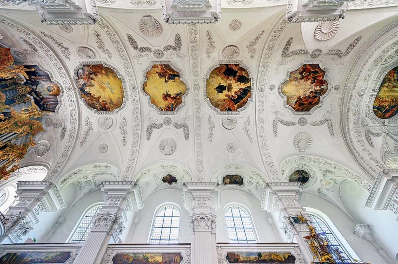Vaulted ceiling with frescoes, former monastery church of St. Peter and Paul, Irsee monastery or abbey, former Benedictine abbey, today a conference and education centre of the district of Swabia, Irsee, Swabia, Bavaria, Germany, Europe