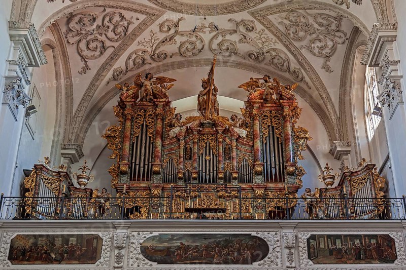 Church organ of the parish church Mariae Himmelfahrt, Landsberg am Lech, Upper Bavaria, Bavaria, Germany, Europe