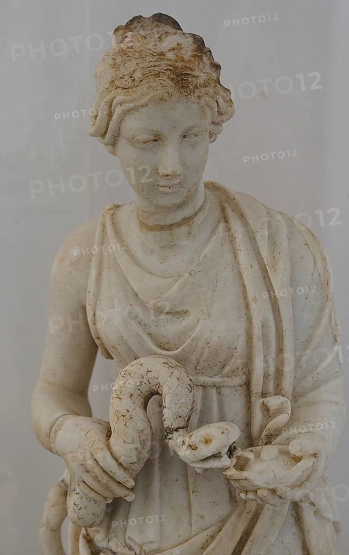 Small statue, Goddess Hygieia with snake, marble sculpture of a woman with snake, dressed in classical garb, ancient grace, interiors, Archaeological Museum, Old Town, Rhodes Town, Rhodes, Dodecanese, Greek Islands, Greece, Europe