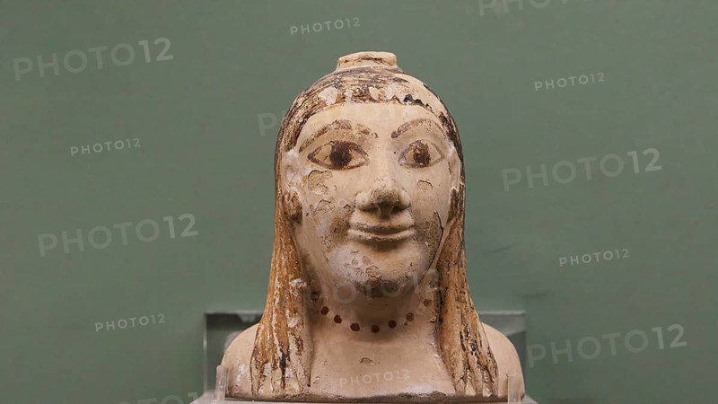 Aryballos, ceramic vessel, ancient bust of a face against a green background, partially damaged, interiors, Archaeological Museum, Old Town, Rhodes Town, Rhodes, Dodecanese, Greek Islands, Greece, Europe