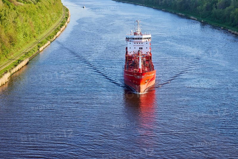 Bird's eye view of the tanker Aleyna Mercan on the Kiel Canal near Beldorf, Rendsburg-Eckernfoerde district, Schleswig-Holstein, Germany, Europe