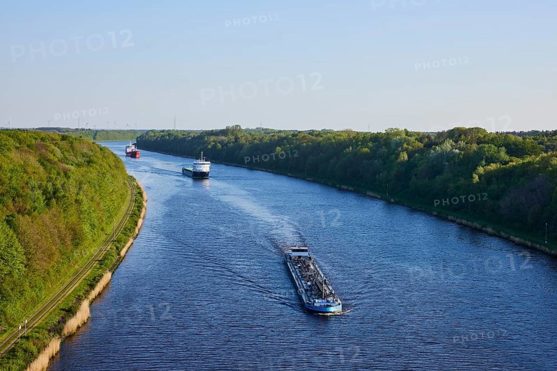 Shipping traffic on the Kiel Canal near Beldorf, Rendsburg-Eckernfoerde district, Schleswig-Holstein, Germany, Europe
