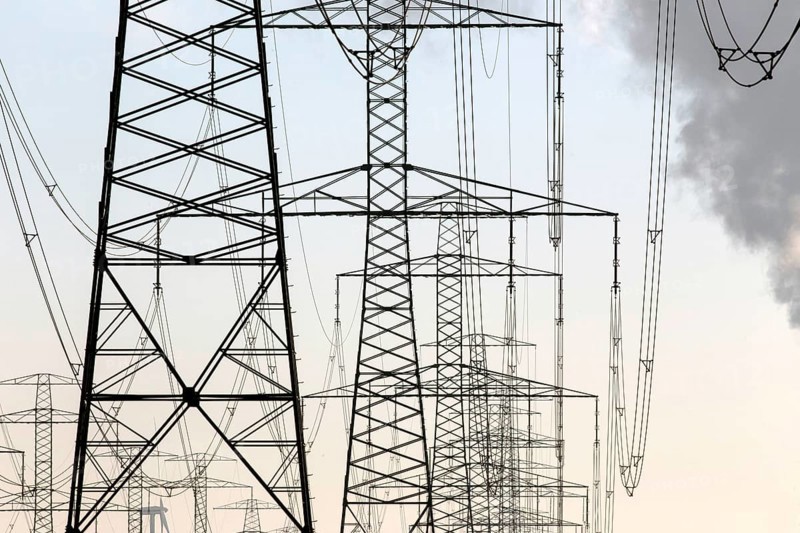 Power lines and pylons on 09 December 2014 in Jaenschwalde, Jaenschwalde, Brandenburg, Germany, Europe