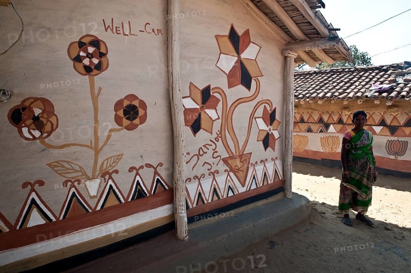 Mural paintings Sohrai style, traditional art form practised by rural low caste and tribal women, Hazaribagh district, Jharkhand, India, Asia