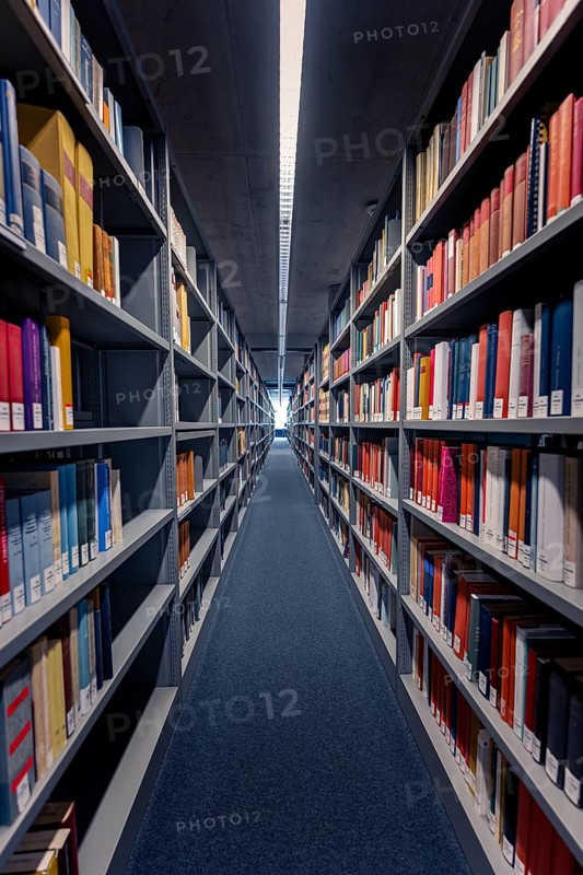 A narrow corridor between high bookshelves in a library with multi-coloured books that radiate a calm atmosphere, Berlin, Germany, Europe