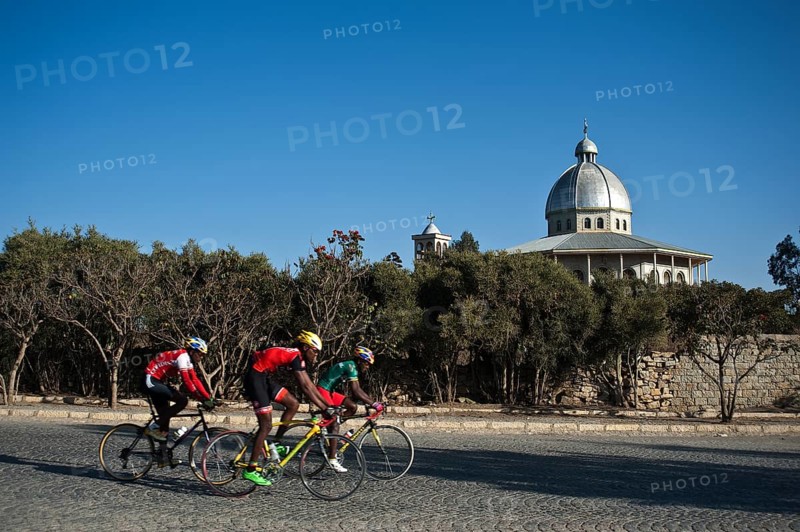 Training session for cyclists, orthodox church in Tigray state, Ethiopia, Africa