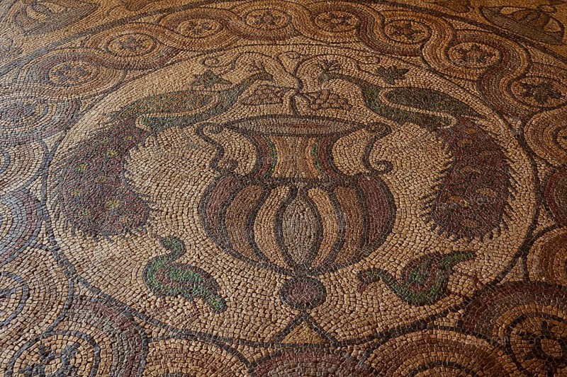 Antique floor mosaic with ornamental geometric patterns, interior view, Grand Master's Palace, Knights' Town, Rhodes Town, Rhodes, Dodecanese, Greek Islands, Greece, Europe