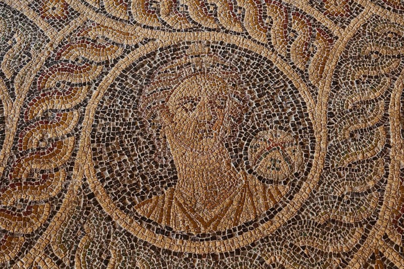 Urania, the muse of astronomy, starry globe, one of the nine muses, mosaic portrait from antiquity with detailed circular pattern, interior view, Grand Master's Palace, Knights' Town, Rhodes Town, Rhodes, Dodecanese, Greek Islands, Greece, Europe