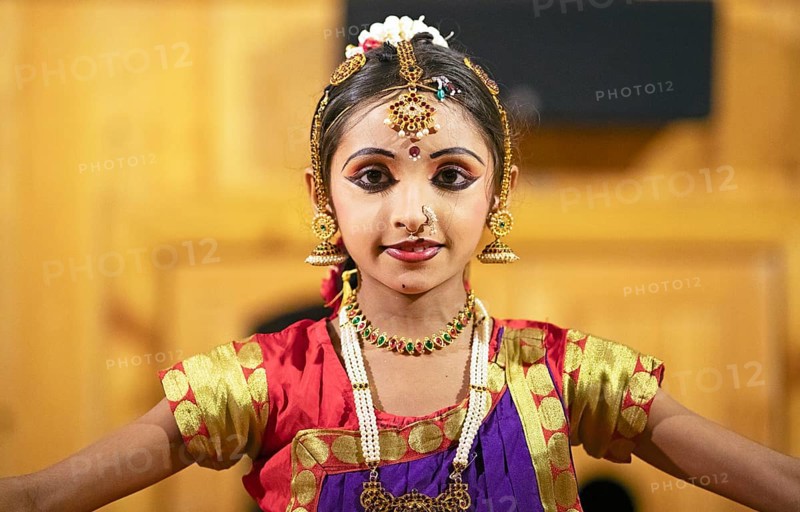 Indian dancer, 10 years old, dancing Indian classical dance, close-up, Thekkady, Kerala, India, Asia