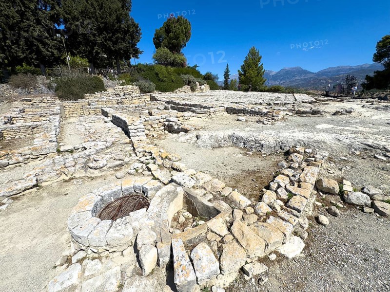 View of upper part of settlement of Phaistos with ancient foundation walls, ground find of ancient complex of settlement with palace on hill of Phaistos of Minoan culture of pre-Greek people Minoans in antiquity, Kamilari, Crete, Greece, Europe