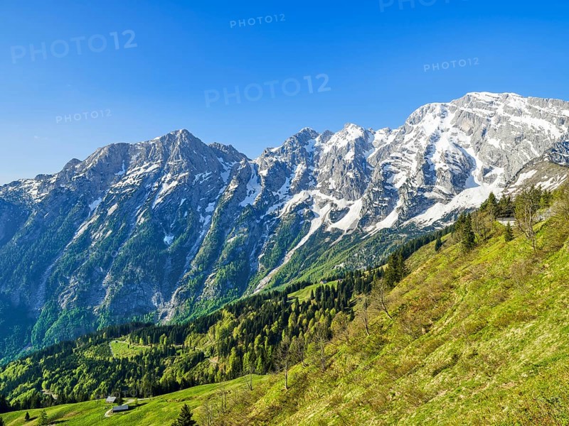 Hoher Goell with snow, blue sky, Rossfeld Panoramastrasse, Goellmassiv, Russfeld, Kuchl, Tennengau, Salzburg, Austria, Europe