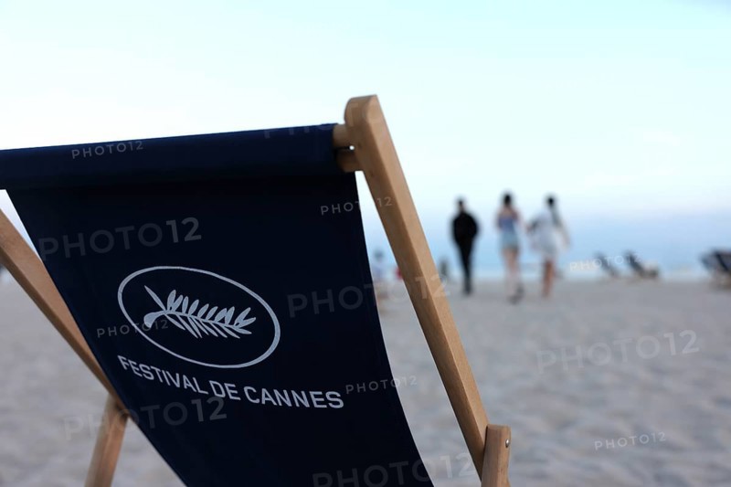 Cannes, France, 13.5.2024: Deckchairs with the inscription Festival de Cannes stand on the beach near the Palais. The 77th Cannes International Film Festival will take place from 14 to 25 May 2024, Europe