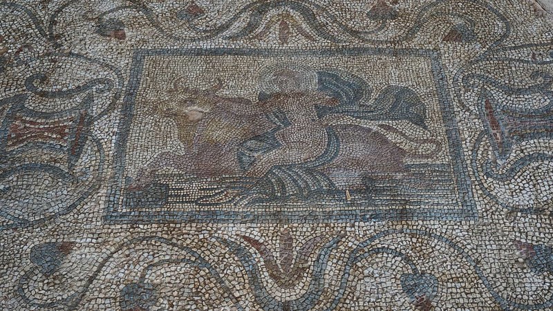 Ancient floor mosaic depicting the abduction of Europa by Zeus in the form of a bull, complex stone setting, outdoor area, Archaeological Museum, Old Town, Rhodes Town, Rhodes, Dodecanese, Greek Islands, Greece, Europe