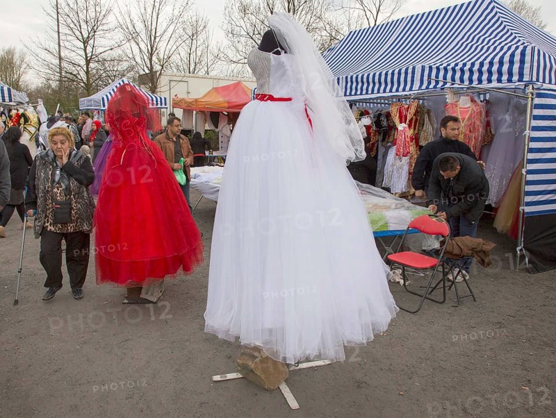 A Turkish stall offers wedding dresses at the flea market in Gelsenkirchen, on 12/04/2015, Gelsenkirchen, North Rhine-Westphalia, Germany, Europe