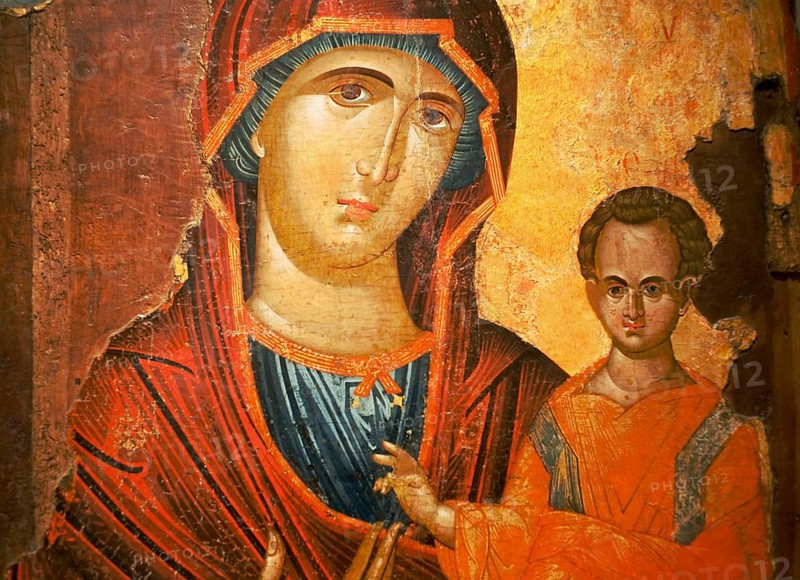 Icon called The virgin Hodeghetria, 16th century, Museum of Bulgarian icons in Sofia, Bulgaria. Museum where is exhibited a rich collection of orthodox christian art