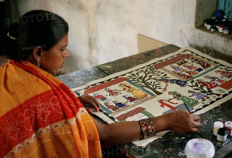 Woman painting Mithila art, working in a handicraft centre, Janakpur, Nepal, Asia