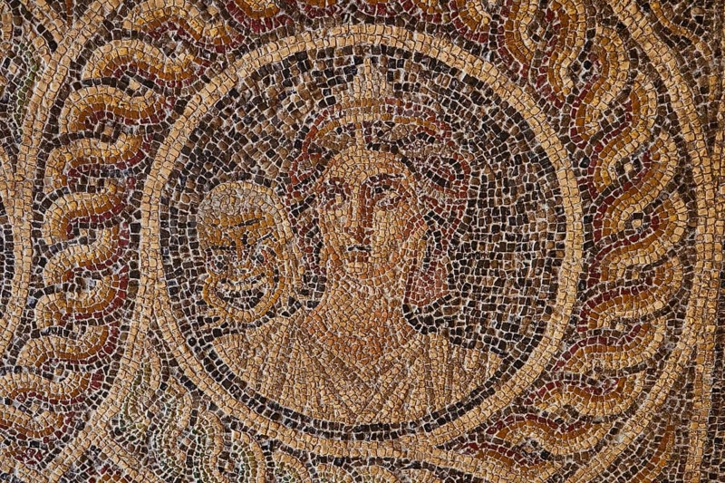 Thaleia, the blossoming muse, the muse of comedy, comic mask, one of the nine muses, antique mosaic portrait of historical figures, interior view, Grand Master's Palace, Knights' Town, Rhodes Town, Rhodes, Dodecanese, Greek Islands, Greece, Europe